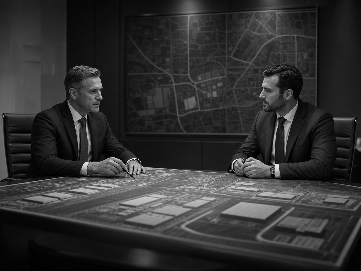 Two industrial real estate advisors reviewing a strategic site map